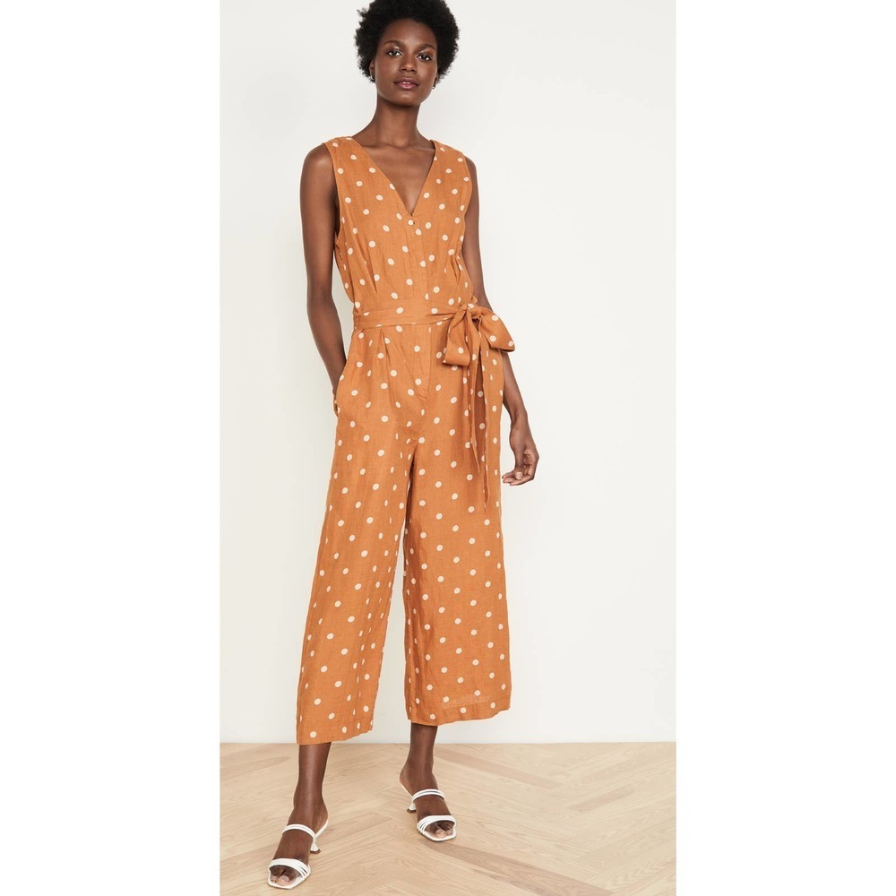 Trovata Tan and White Jumpsuit with Tie Waist